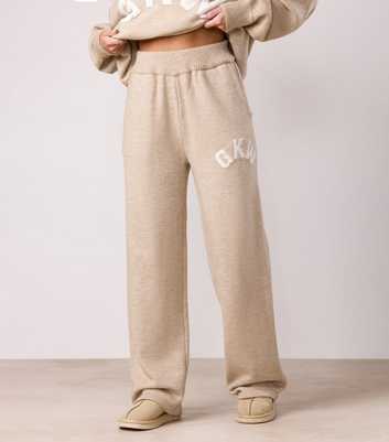 Gym King Cream Knit Contrast Logo Straight Leg Trousers