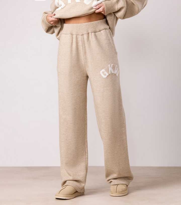 Gym King Cream Knit Contrast Logo Straight Leg Trousers