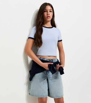 Girls Turquoise Contrast Trim Crew Neck T-Shirt