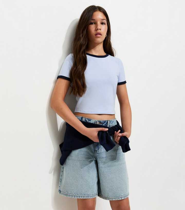 Girls Turquoise Contrast Trim Crew Neck T-Shirt