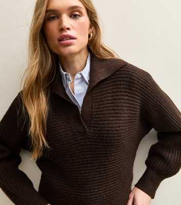 Dark Brown Stitchy Polo Batwing Jumper
