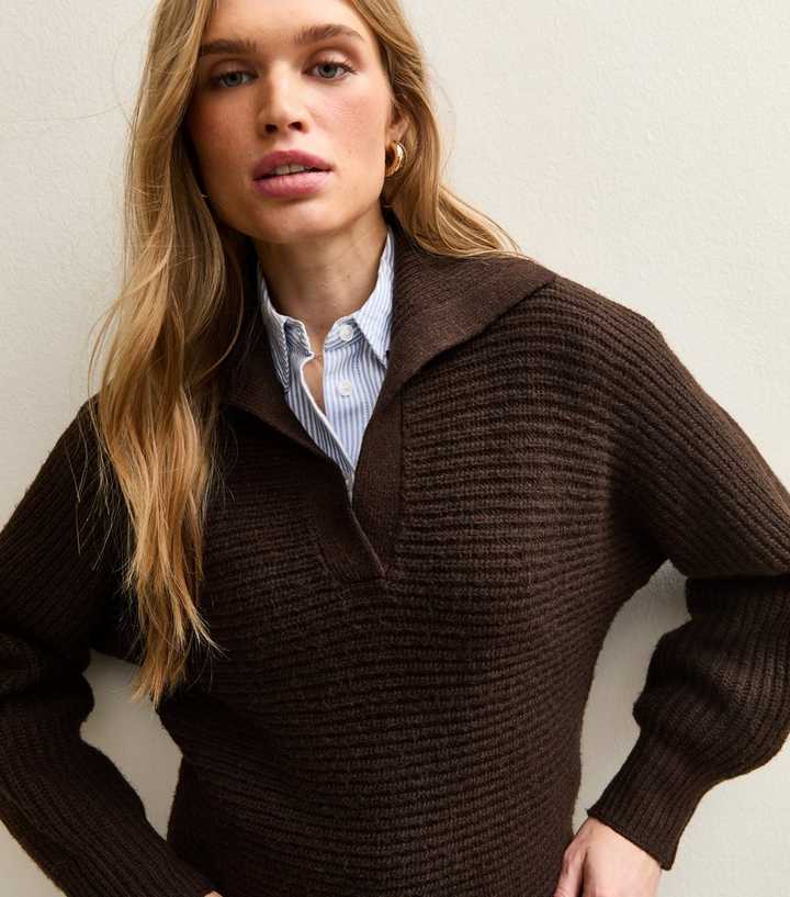 Dark Brown Stitchy Polo Batwing Jumper