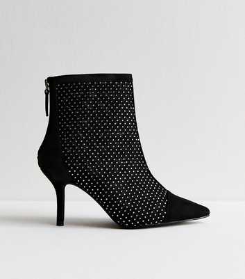 Wide Fit Black Faux Suede Mesh Diamante Embellished Heeled Ankle Boots