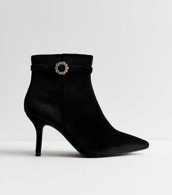 Wide Fit Black Velvet Diamante Buckle Ankle Boots