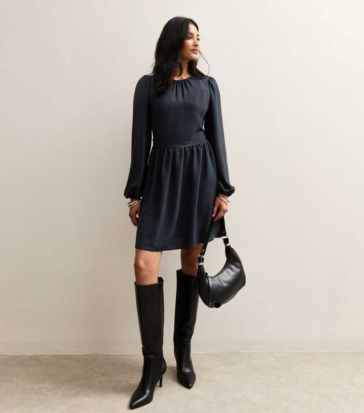 Black Long Sleeve Skater Skirt Mini Dress