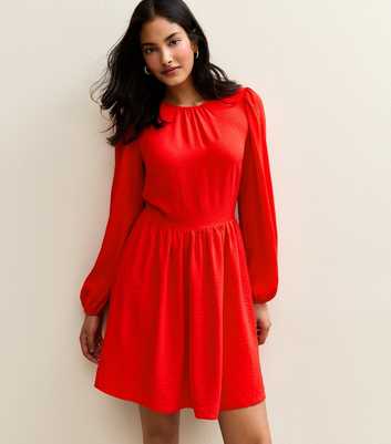 Red Long Sleeve Skater Skirt Mini Dress