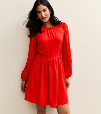 strapless open back dress Long Sleeve Mini Dress With Drape Detail Red Occasion Outfit –  Styledup.co.uk main image 0