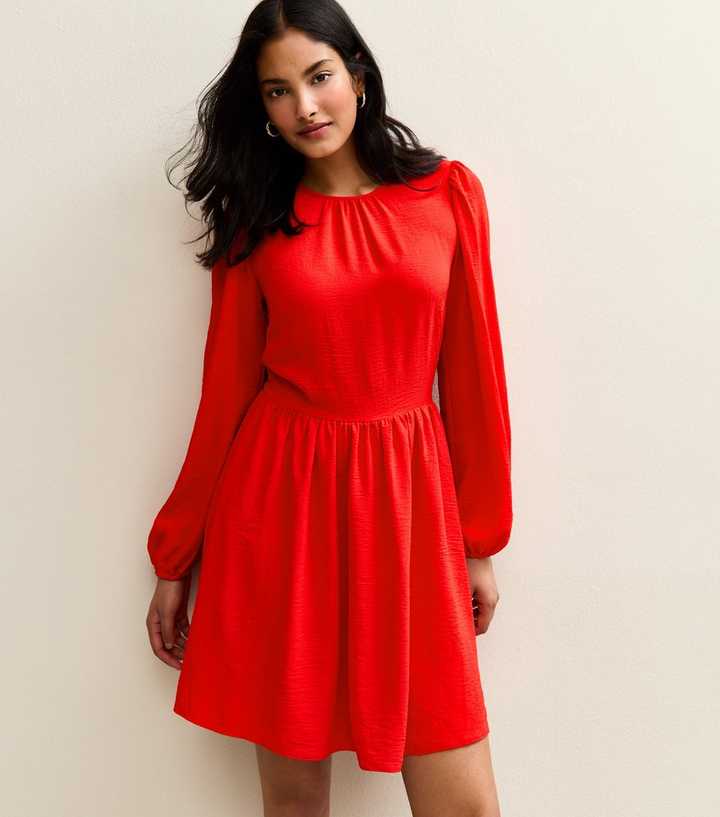 Red Long Sleeve Skater Skirt Mini Dress | New Look