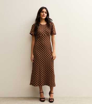 Brown Crinkle Texture Spot Print Midi Dress