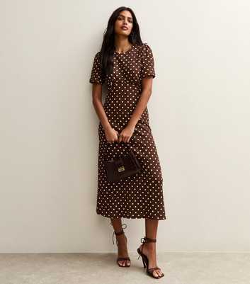 Brown Crinkle Texture Spot Print Midi Dress