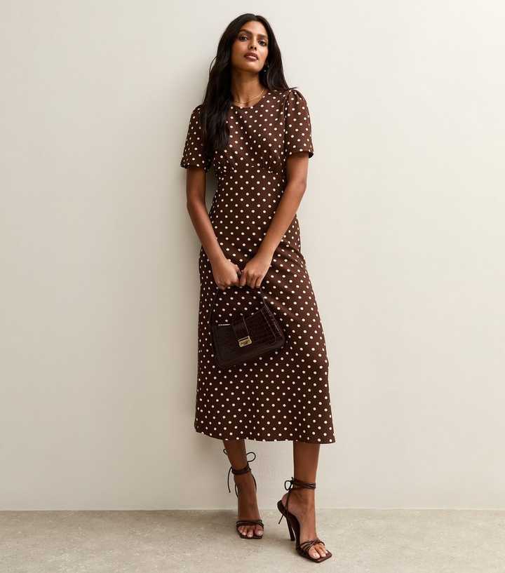 New Look Brown And White Spotted Dress Brown Crinkle Texture Spot Print  Midi Dress