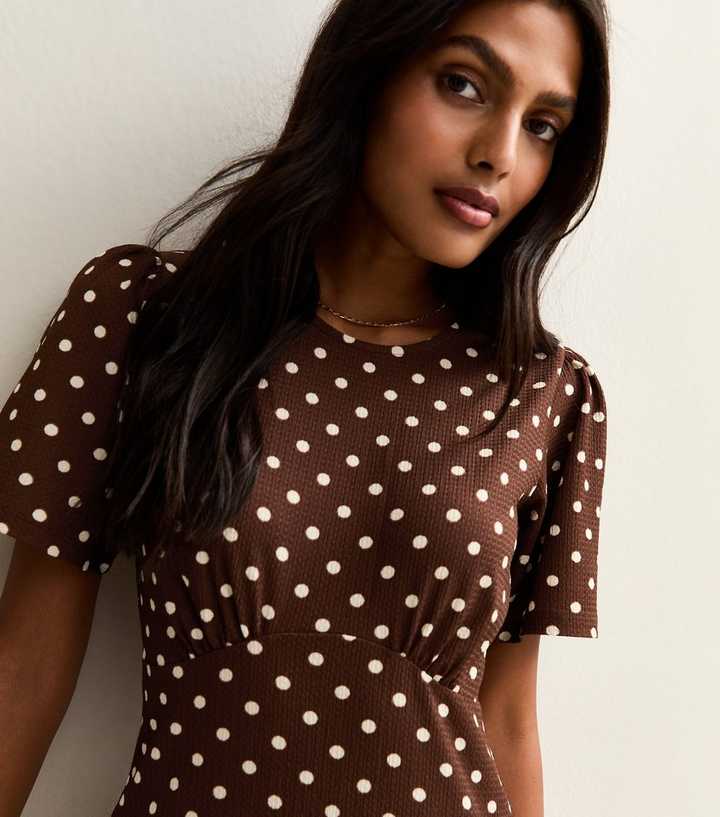 Brown Crinkle Texture Spot Print Midi Dress