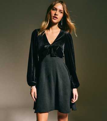 Black Long Sleeve Velvet Bow Front Mini Dress