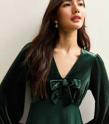 Dark Green Long Sleeve Velvet Bow Front Mini Dress