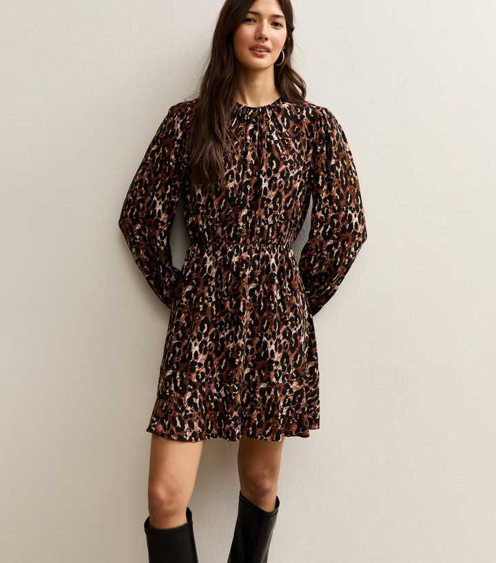Brown Animal Print Flared Hem Mini Dress