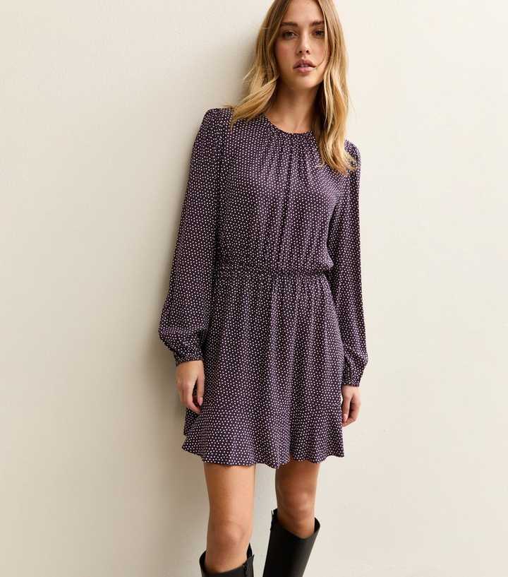 Burgundy Spotty Flared Hem Mini Dress