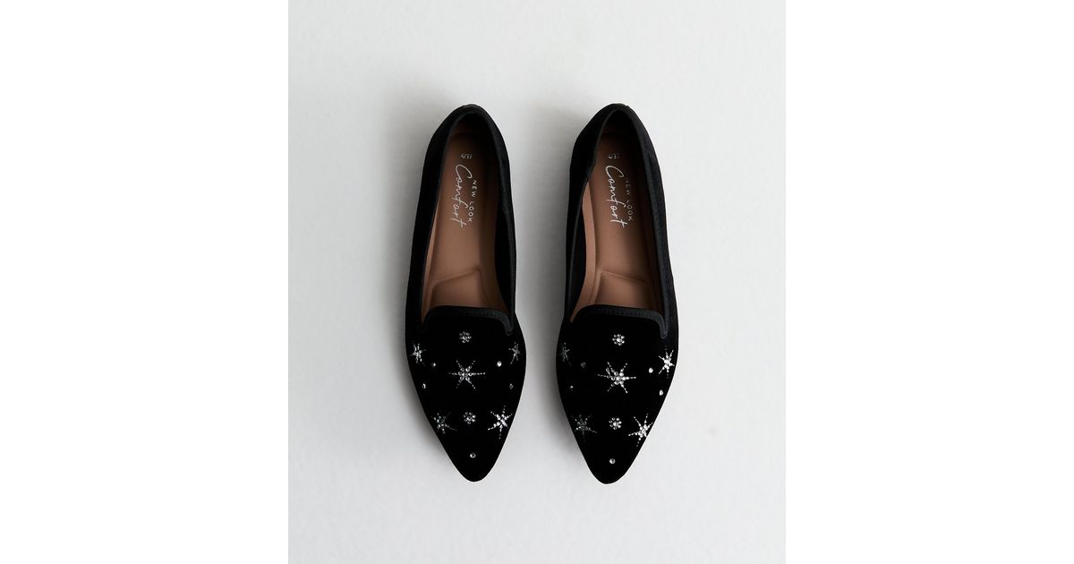 Black Velvet Diamante Embellished Slipper Loafers New Look