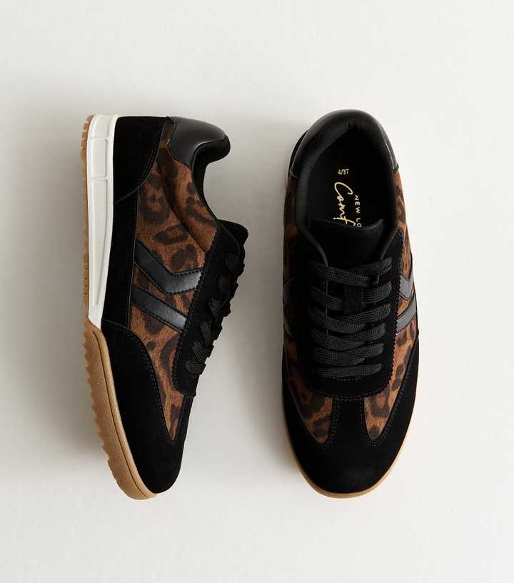 Brown Leopard Print Panelled Faux Leather Trainer
