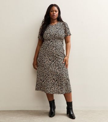 Curves Brown Animal Print Short Sleeve Midi Dress