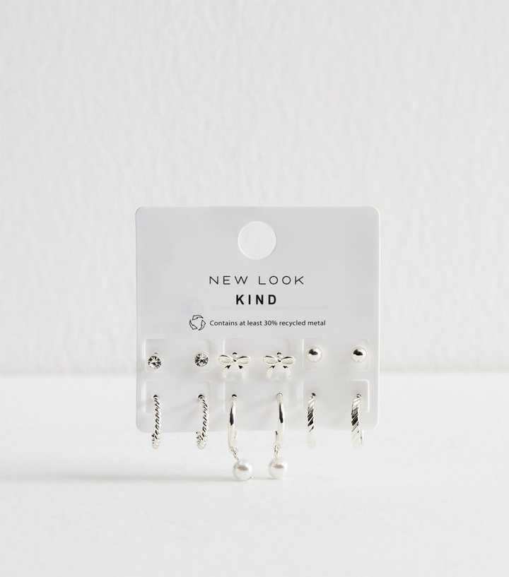 Silver Tone Pack of 6 Assorted Stud and Hoop Earrings