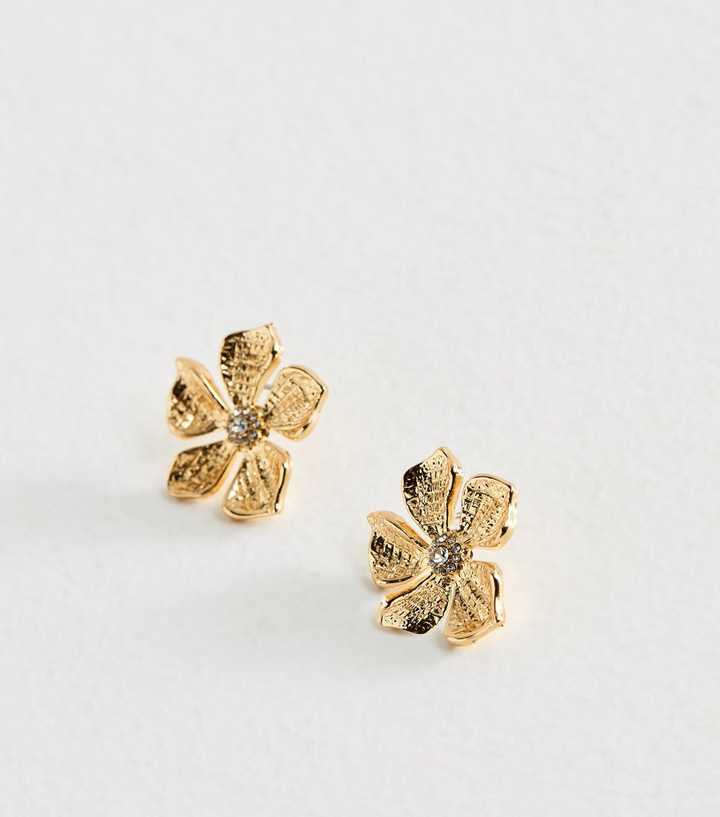 Gold Tone Diamante Centre Flower Large Stud Earrings
