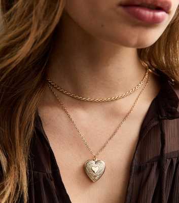 Gold Tone 2-Layer Chunky Chain Heart Locket Necklace