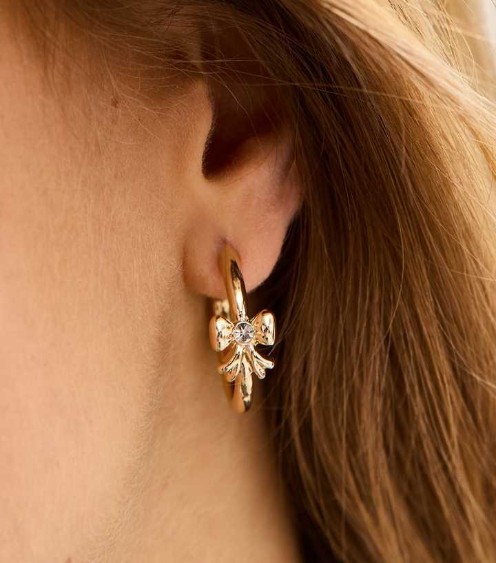Gold Tone Sleek Mini Bow Hoop Earrings