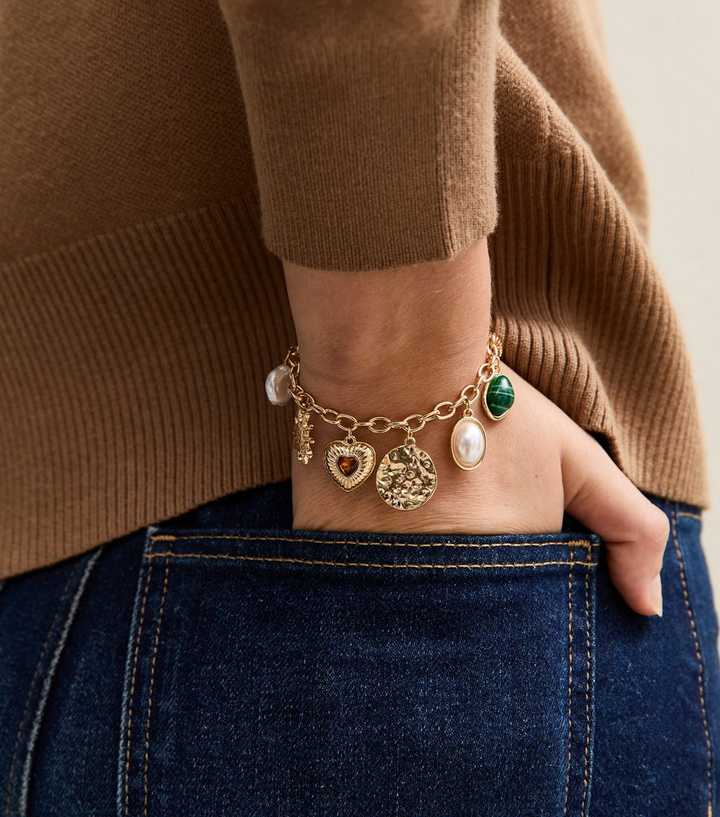 Gold Tone Large Mixed Charm Bracelet