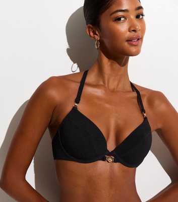 Black Crinkled Shell Trim Underwired Bikini Top
