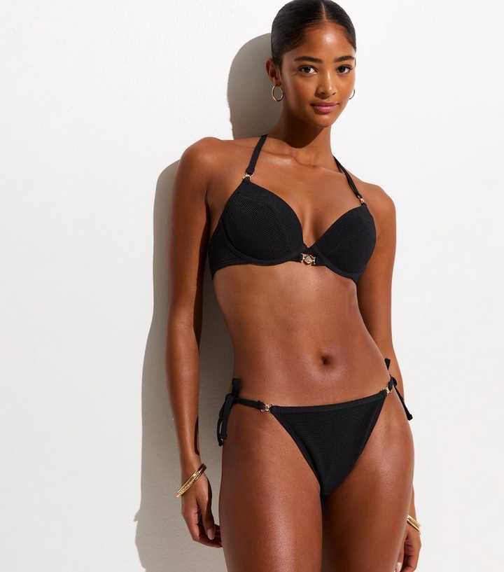 Black Crinkled Shell Trim Side Tie Bikini Bottoms