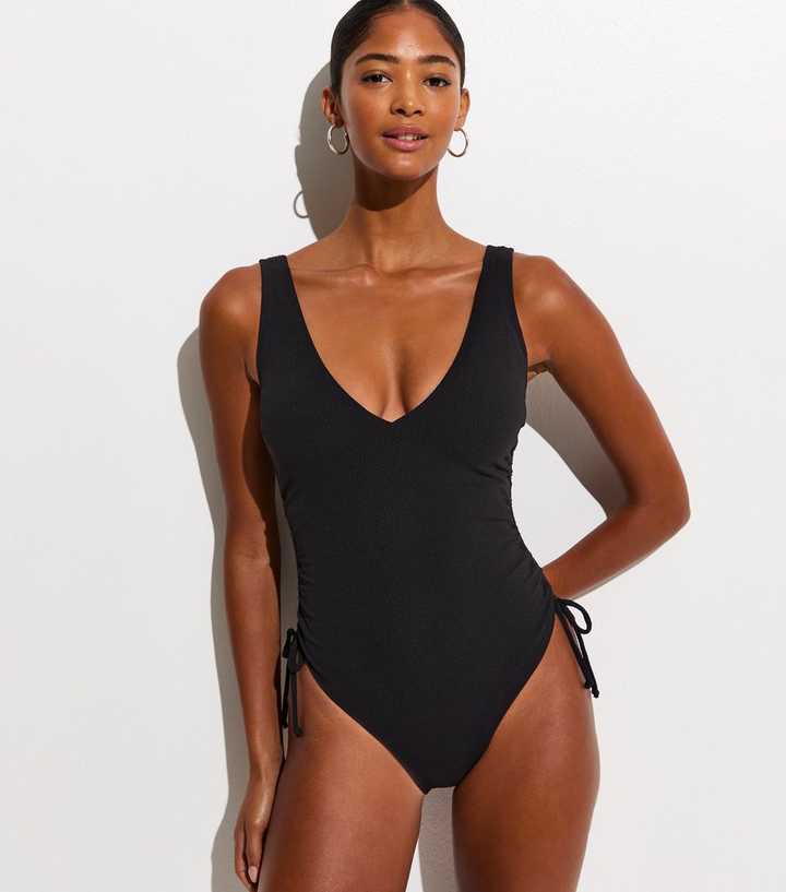 Black Crinkled Ruched Side Swimsuit
