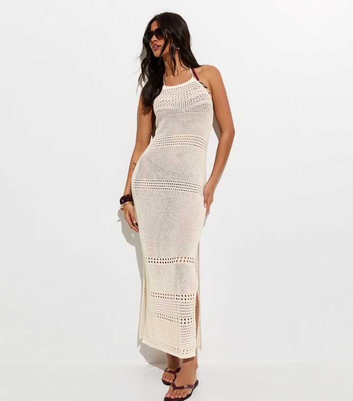 Cream Crochet Halter Neck Beach Maxi Dress