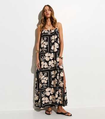 Black Floral Print Beaded Maxi Beach Dress