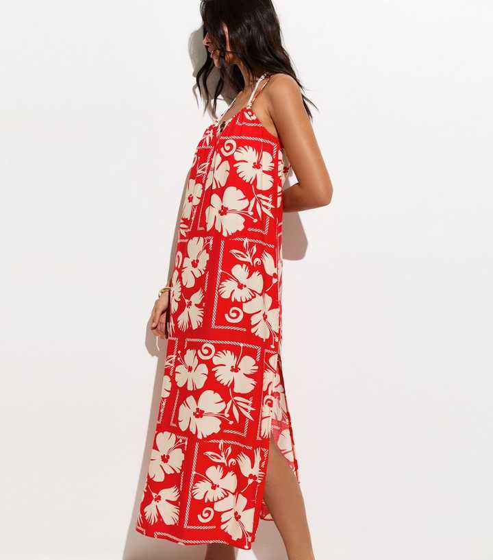 BUENOS NINOS Women's V-Neck Floral Summer Dress - Boho Print, Adjustable Spaghetti Strap, With Pockets (Red Black Buffalo Plaid, Medium)