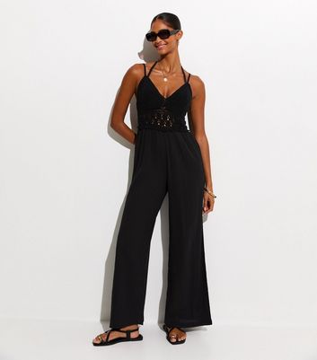 Black Crochet Bodice Wide Leg Jumpsuit | New Look