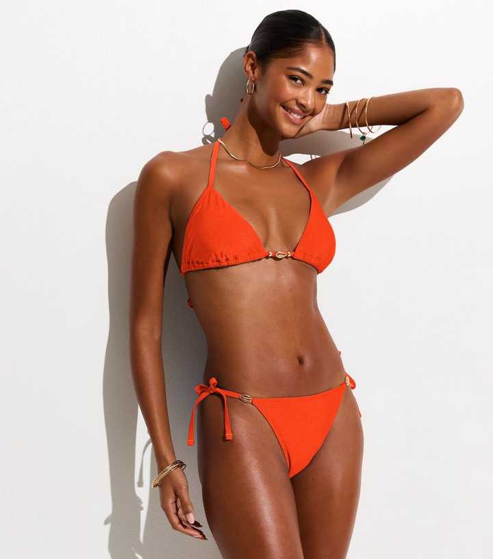 Bright Orange Shell Trim Side Tie Bikini Bottoms