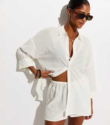 Beach White Oversized Cotton Slub Shirt