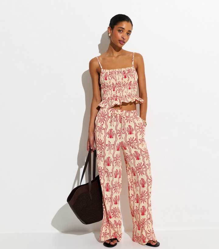 Red Sun Print Wide Leg Beach Trousers