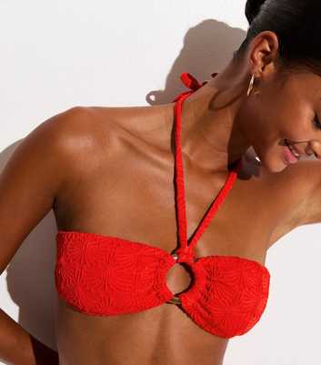 Bright Red Textured Halter Neck Bandeau Bikini Top