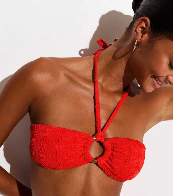 Bright Red Textured Halter Neck Bandeau Bikini Top