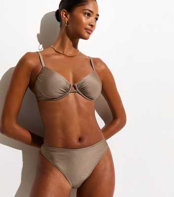 Light Brown Plain High Leg Hipster Bikini Bottoms
