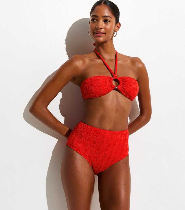 Bright Red Textured High Waist Bikini Bottoms