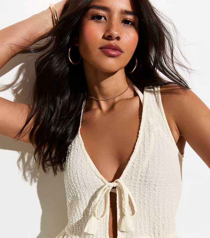 Off White Textured Jersey Peplum Beach Top
