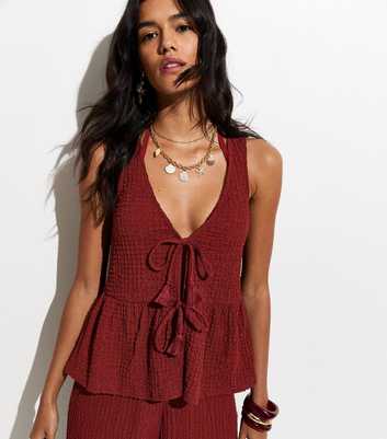 Rust Textured Jersey Peplum Beach Top