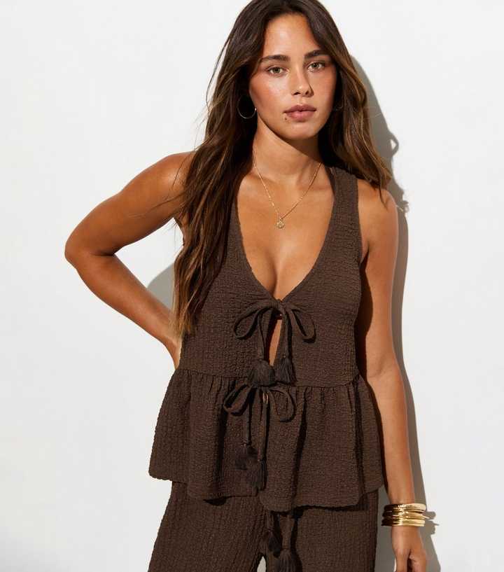 Dark Brown Textured Peplum Waistcoat Beach Top