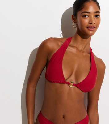 Dark Red Plain O Ring Triangle Bikini Top