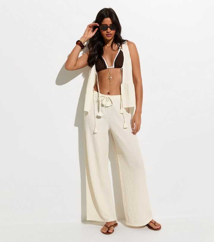 Off White Textured Jersey Beach Wide Leg Trouser
