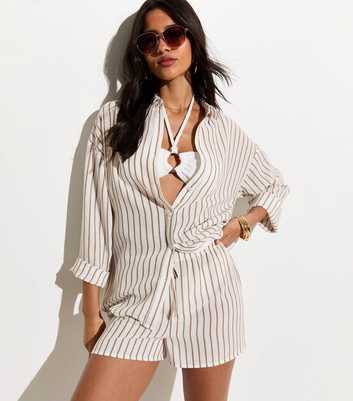 White Striped Oversized Long Sleeve Beach Shirt