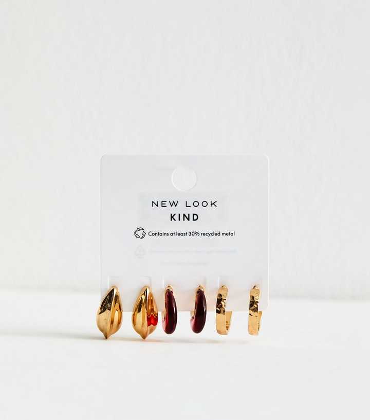 Pack of 3 Gold Tone Resin Teardrop and Hoop Earrings
