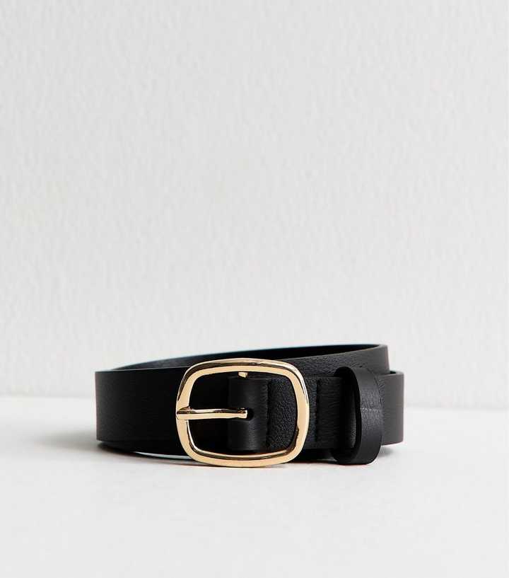 Black Real Leather Rectangle Buckle Belt